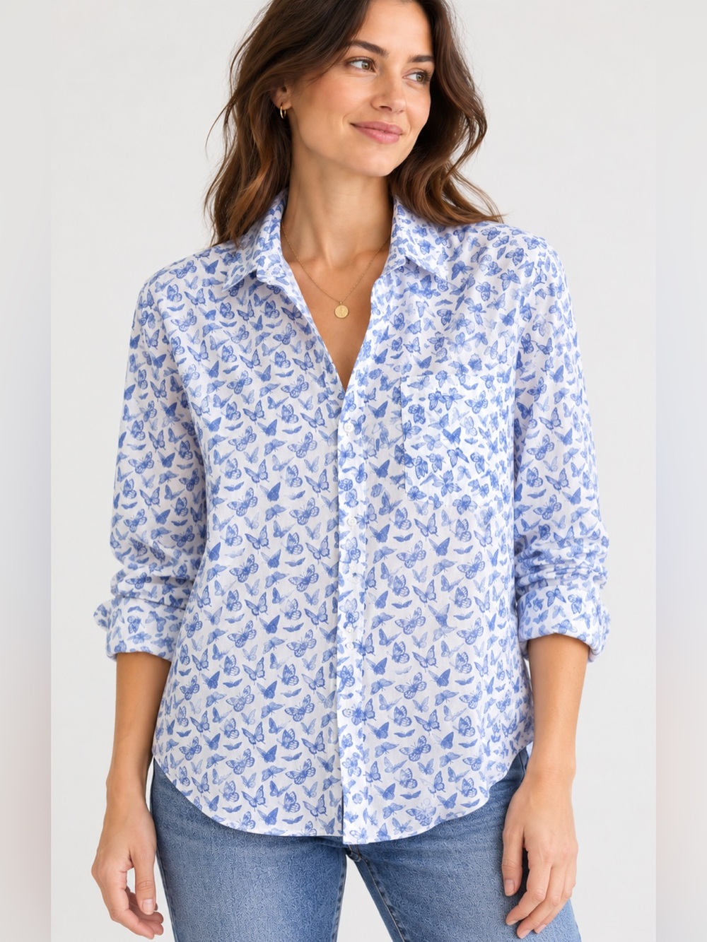 Frank & Eileen Eileen Butterfly Print Button Down Shirt | Medium